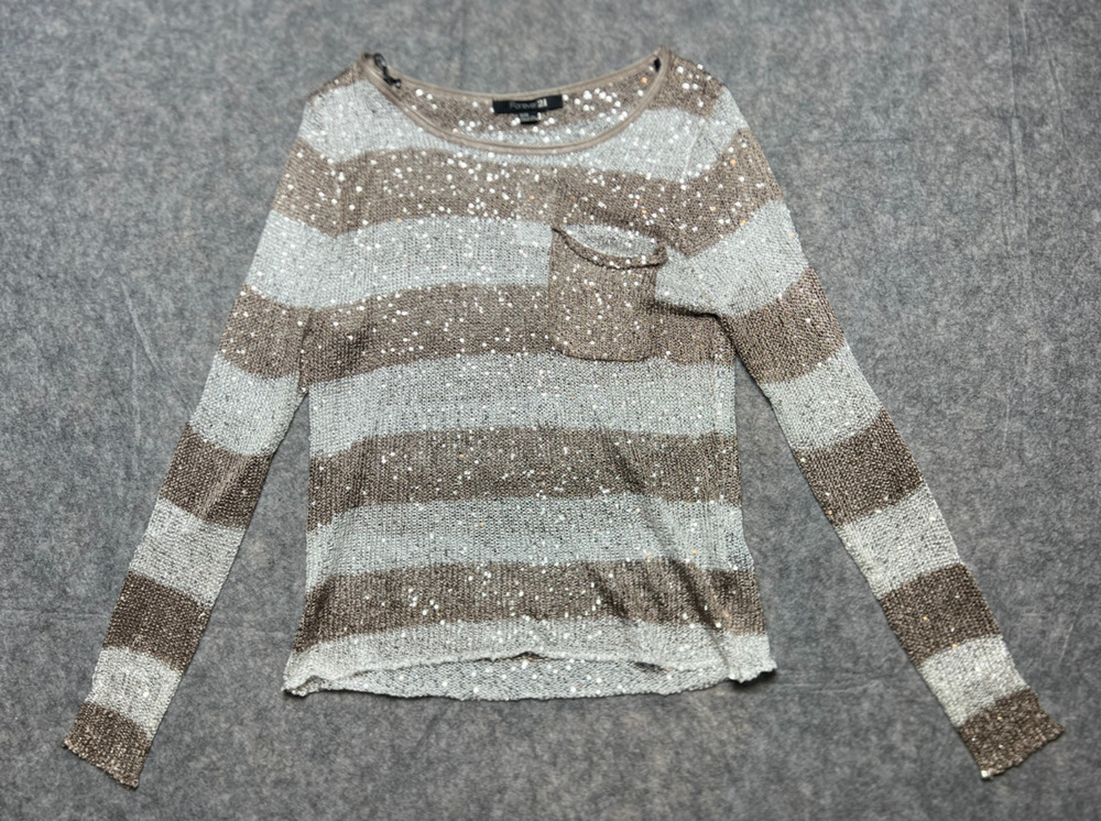 FOREVER 21 Women's Sweater Size M Cream Taupe Striped Sparkly Long Sleeve / NWT